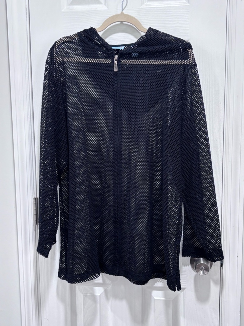 Black Sheer Mesh Zip-Front Swim Coverup Hoodie